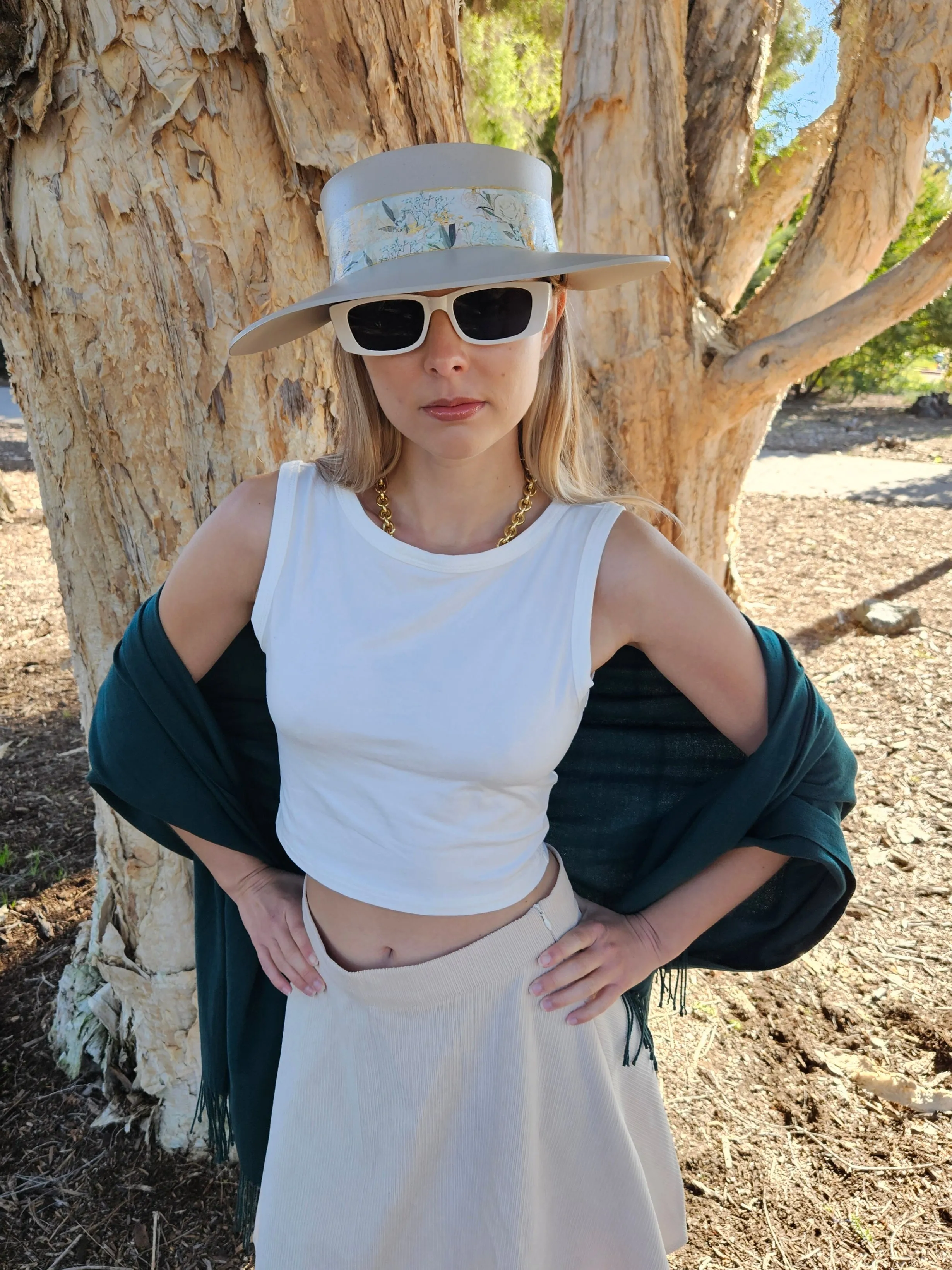 Tall Taupe "LadyEVA" Visor Hat with Golden White Floral Band