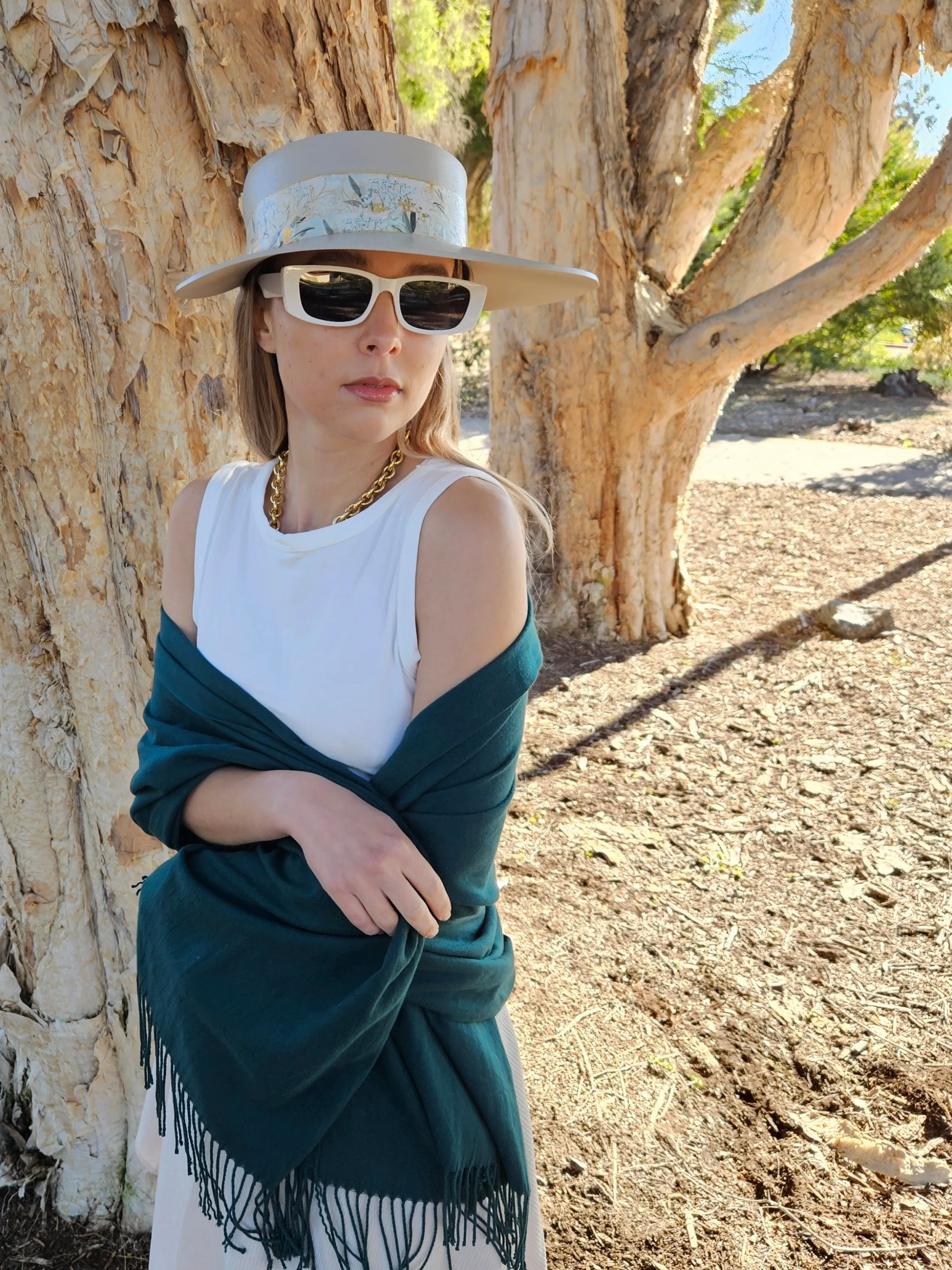 Tall Taupe "LadyEVA" Visor Hat with Golden White Floral Band