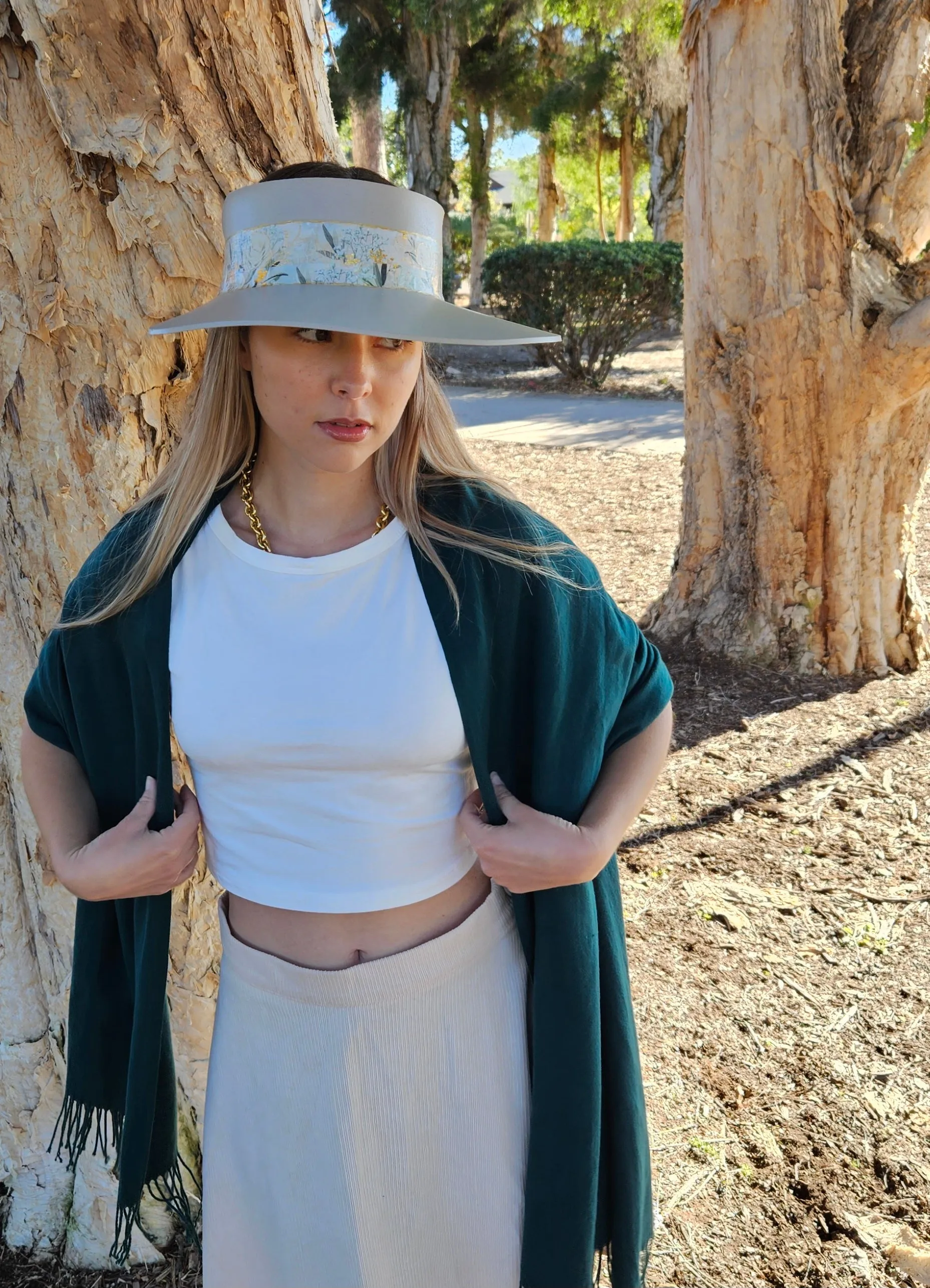 Tall Taupe "LadyEVA" Visor Hat with Golden White Floral Band