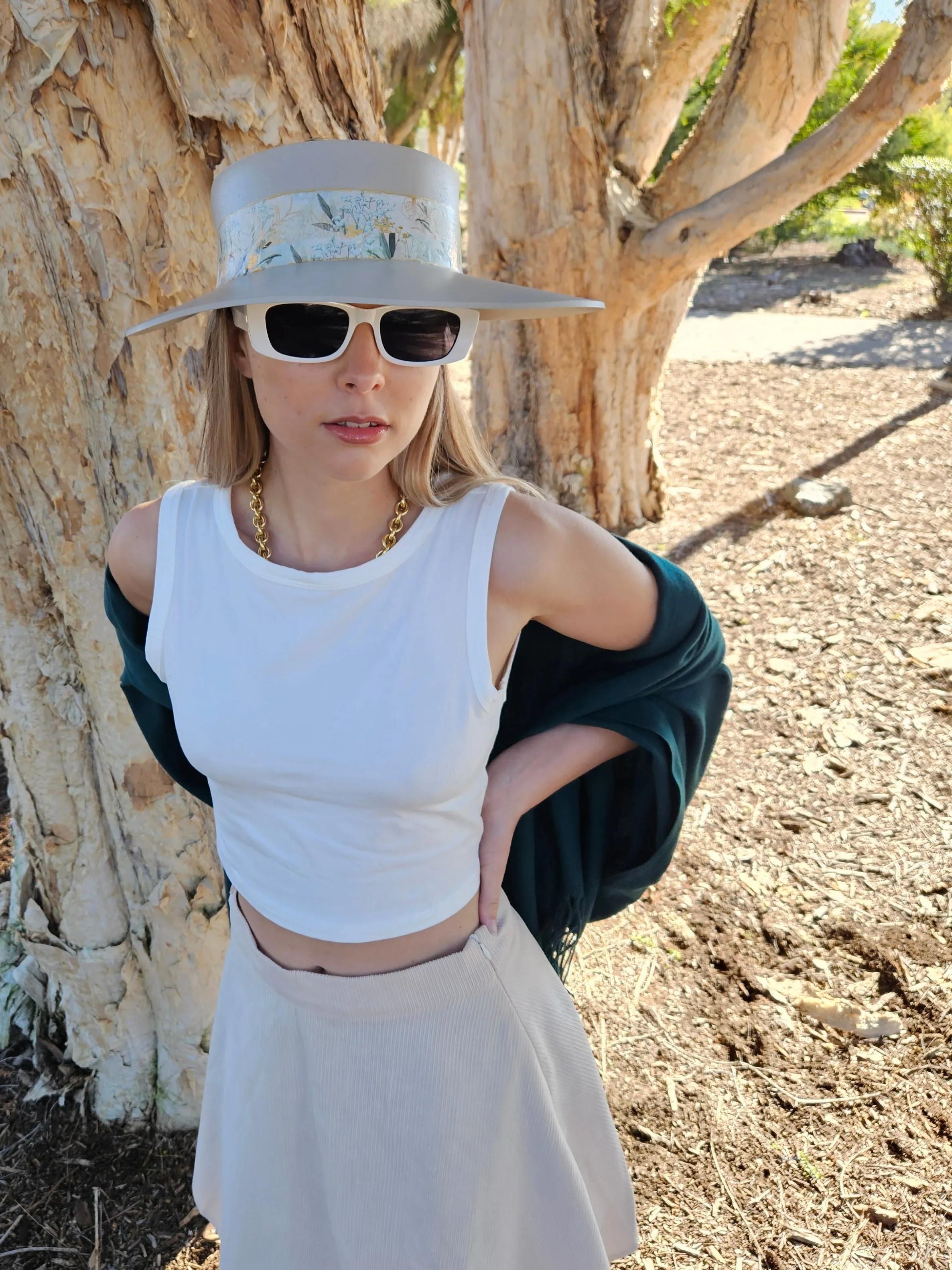 Tall Taupe "LadyEVA" Visor Hat with Golden White Floral Band