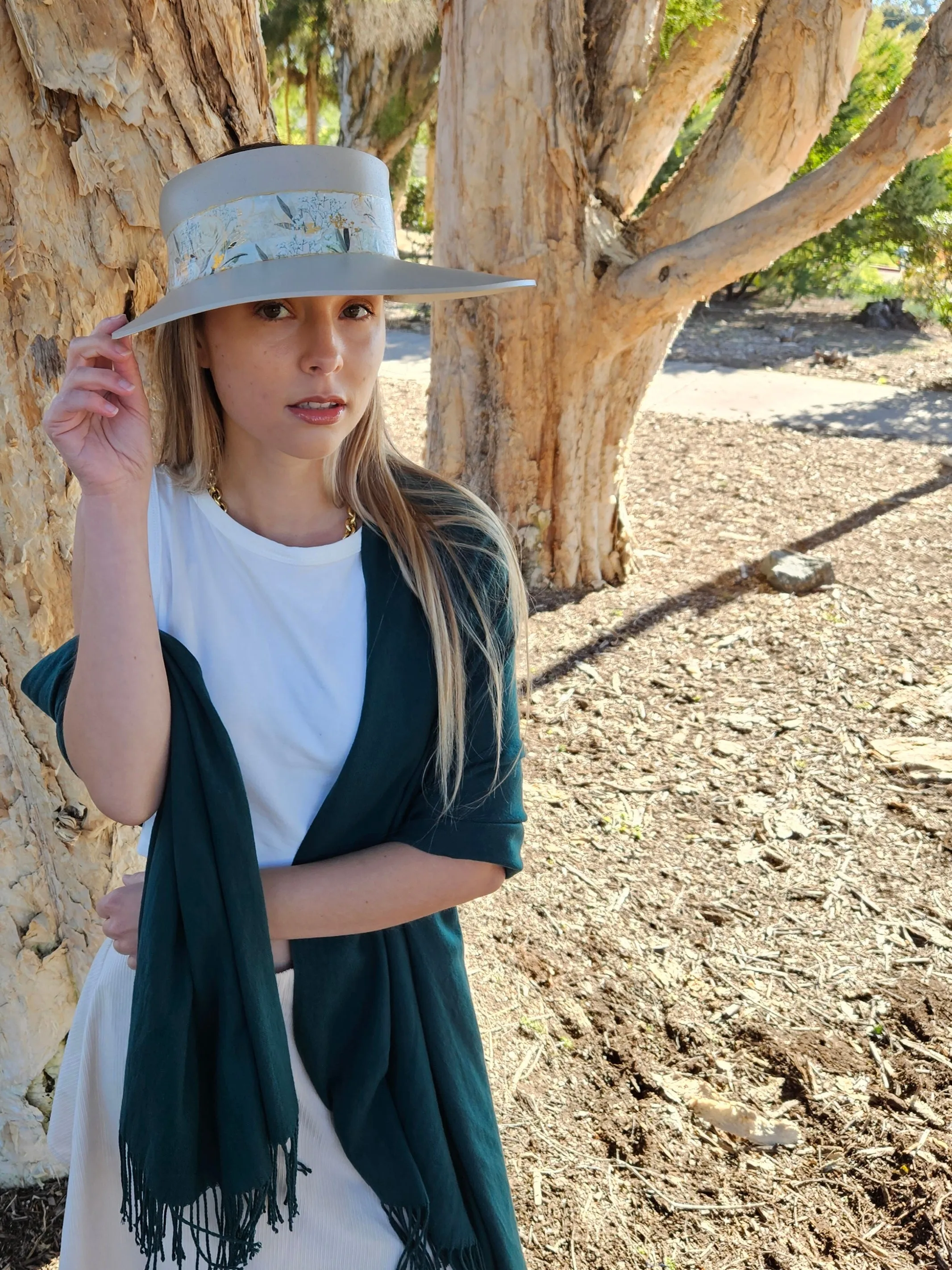 Tall Taupe "LadyEVA" Visor Hat with Golden White Floral Band