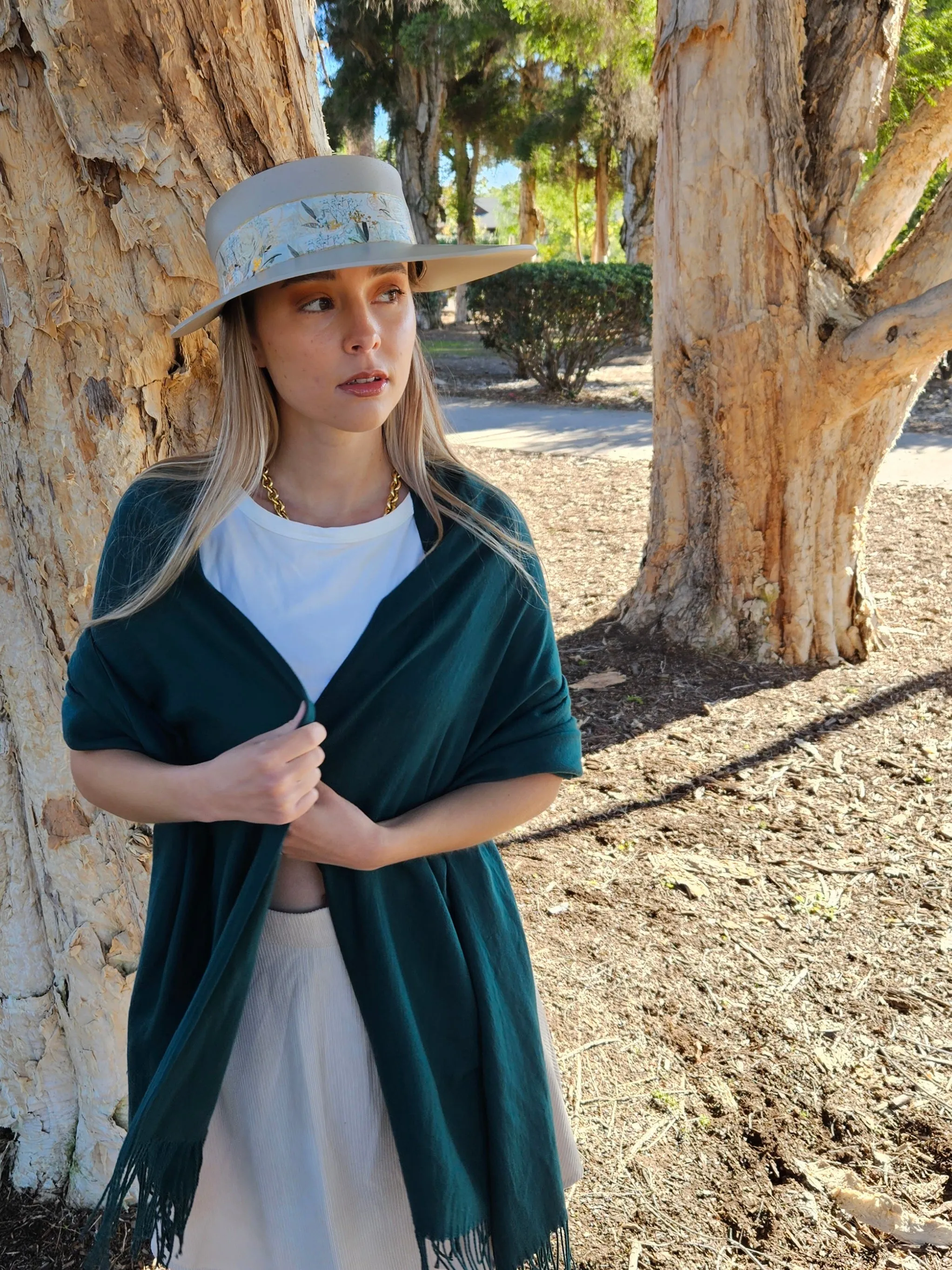 Tall Taupe "LadyEVA" Visor Hat with Golden White Floral Band