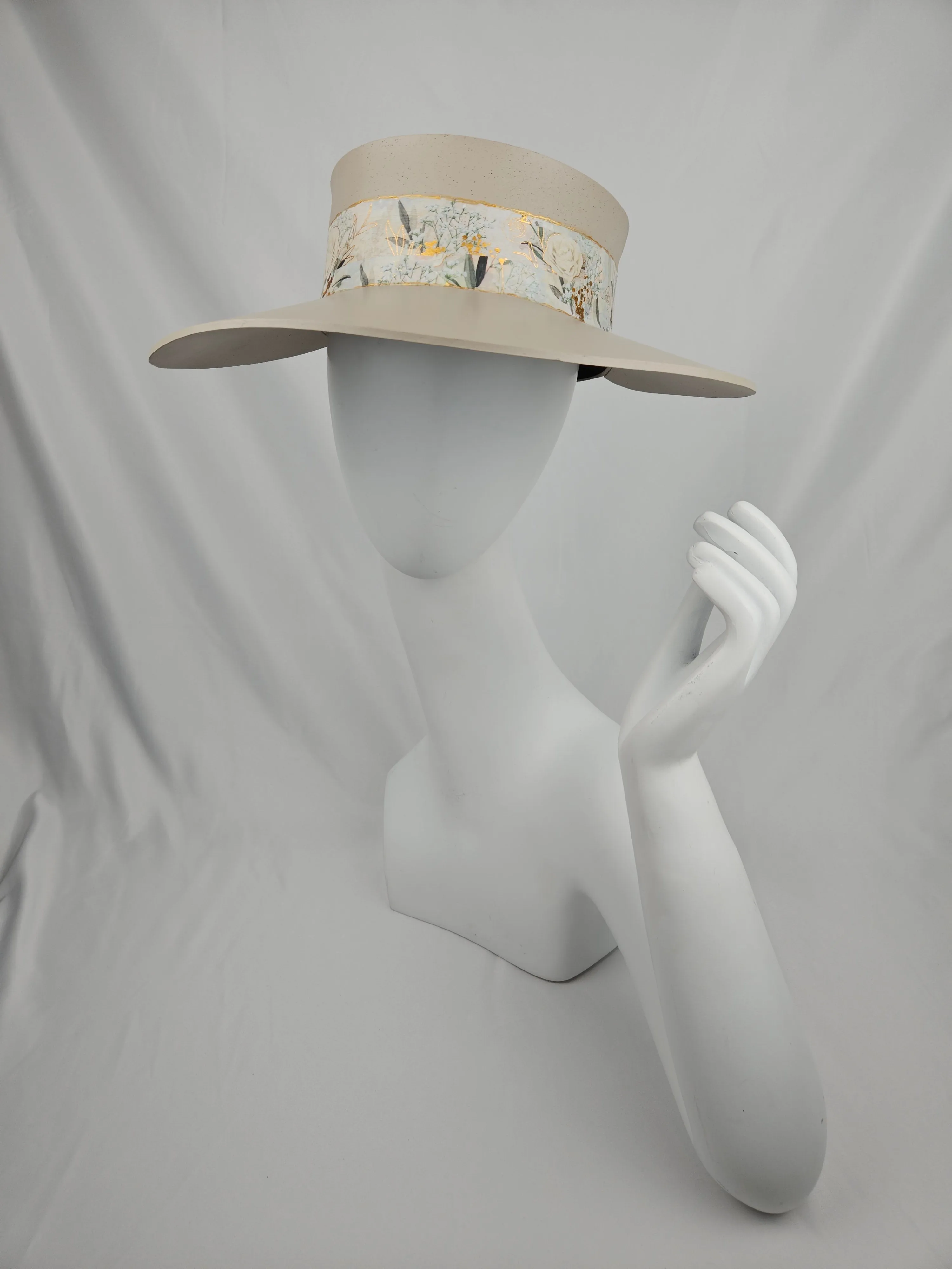 Tall Taupe "LadyEVA" Visor Hat with Golden White Floral Band