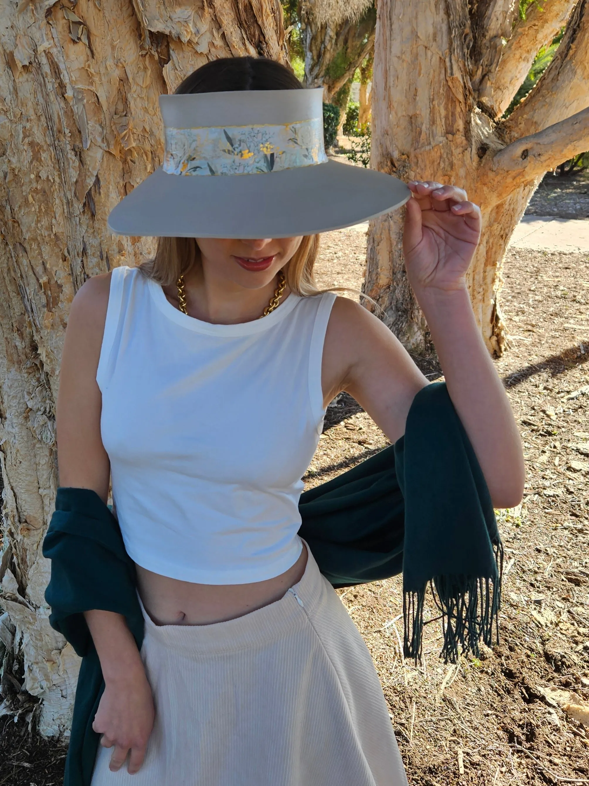 Tall Taupe "LadyEVA" Visor Hat with Golden White Floral Band