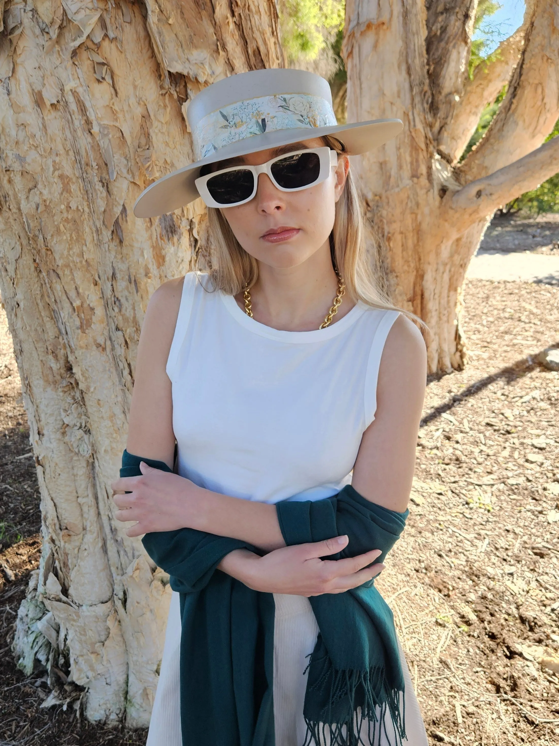 Tall Taupe "LadyEVA" Visor Hat with Golden White Floral Band