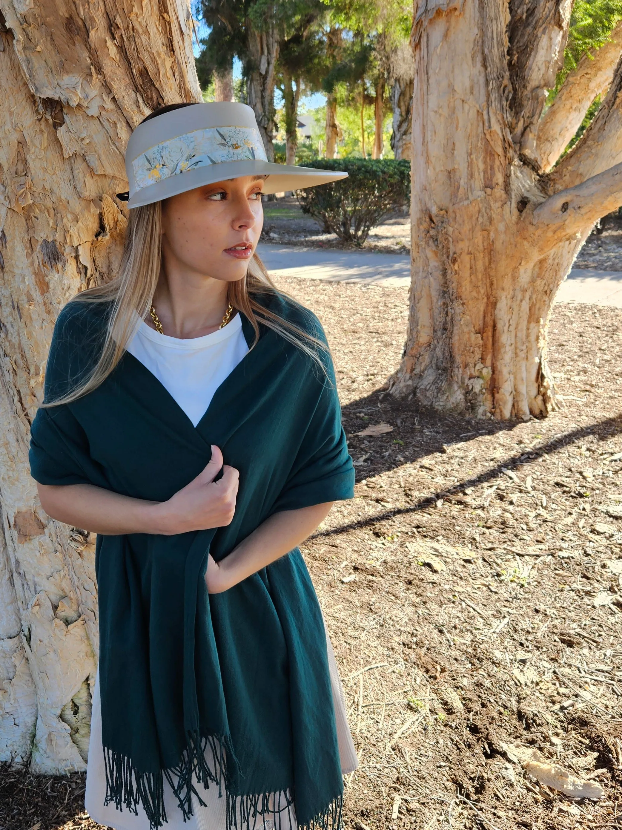 Tall Taupe "LadyEVA" Visor Hat with Golden White Floral Band