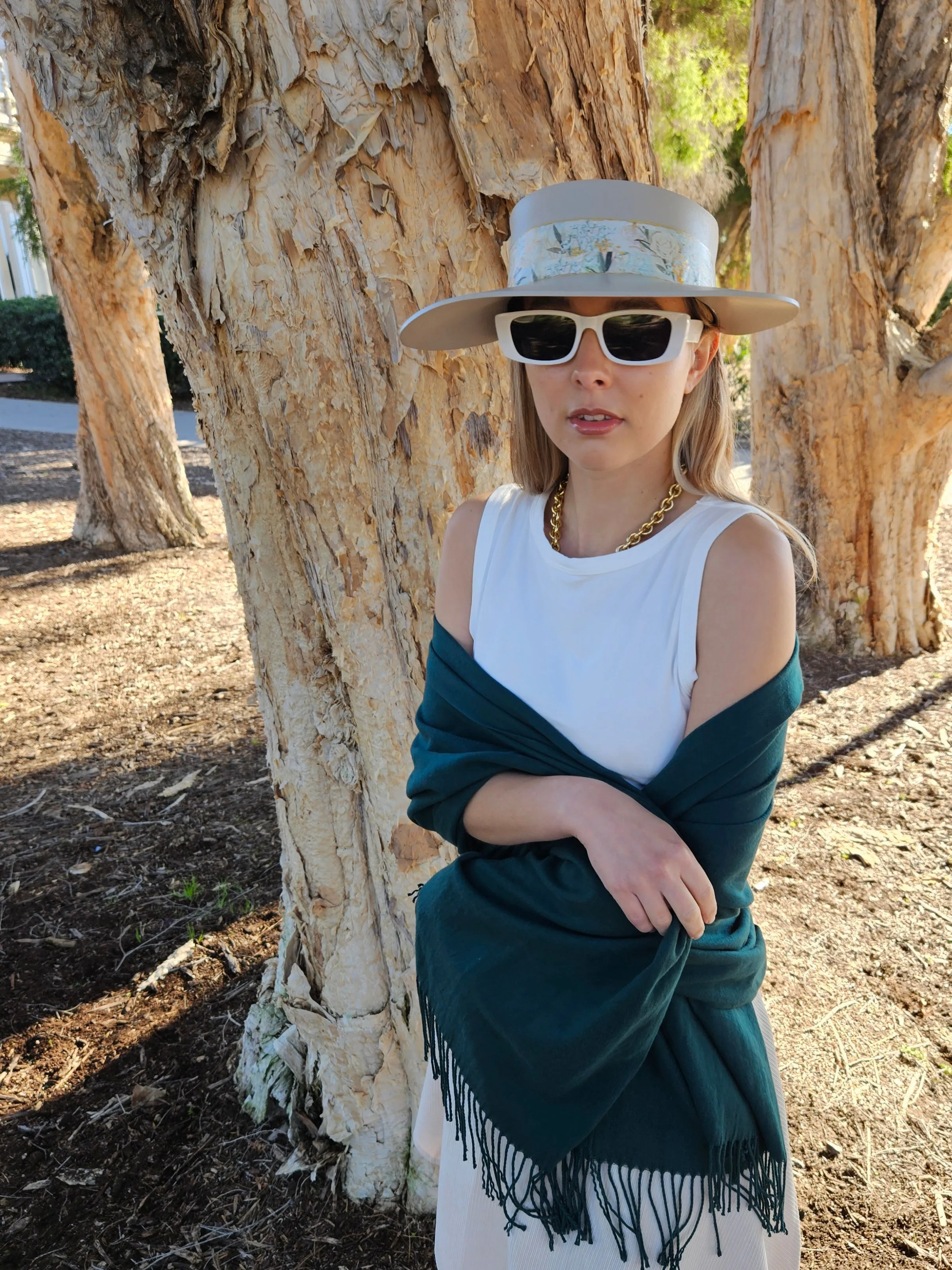 Tall Taupe "LadyEVA" Visor Hat with Golden White Floral Band