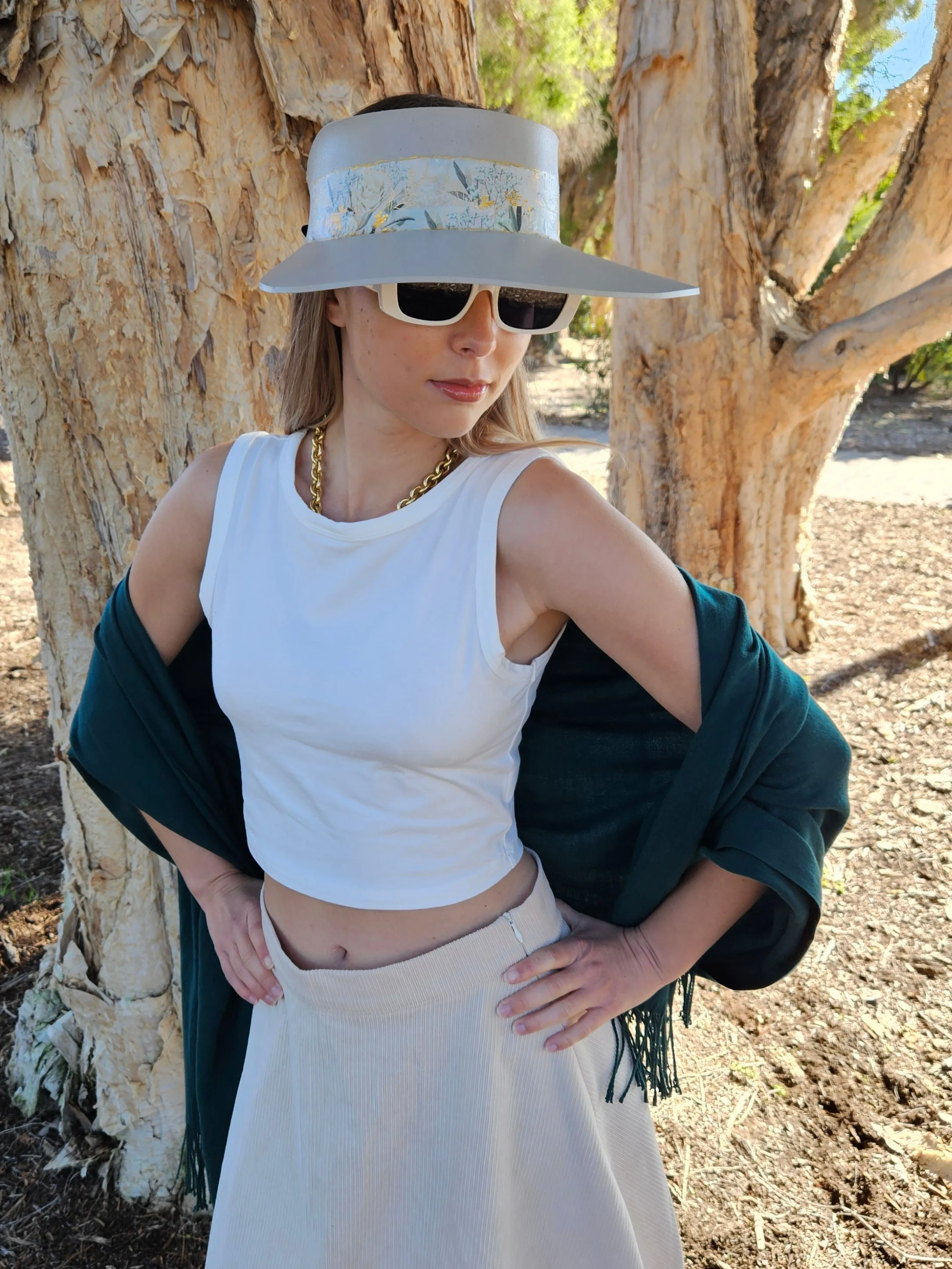 Tall Taupe "LadyEVA" Visor Hat with Golden White Floral Band