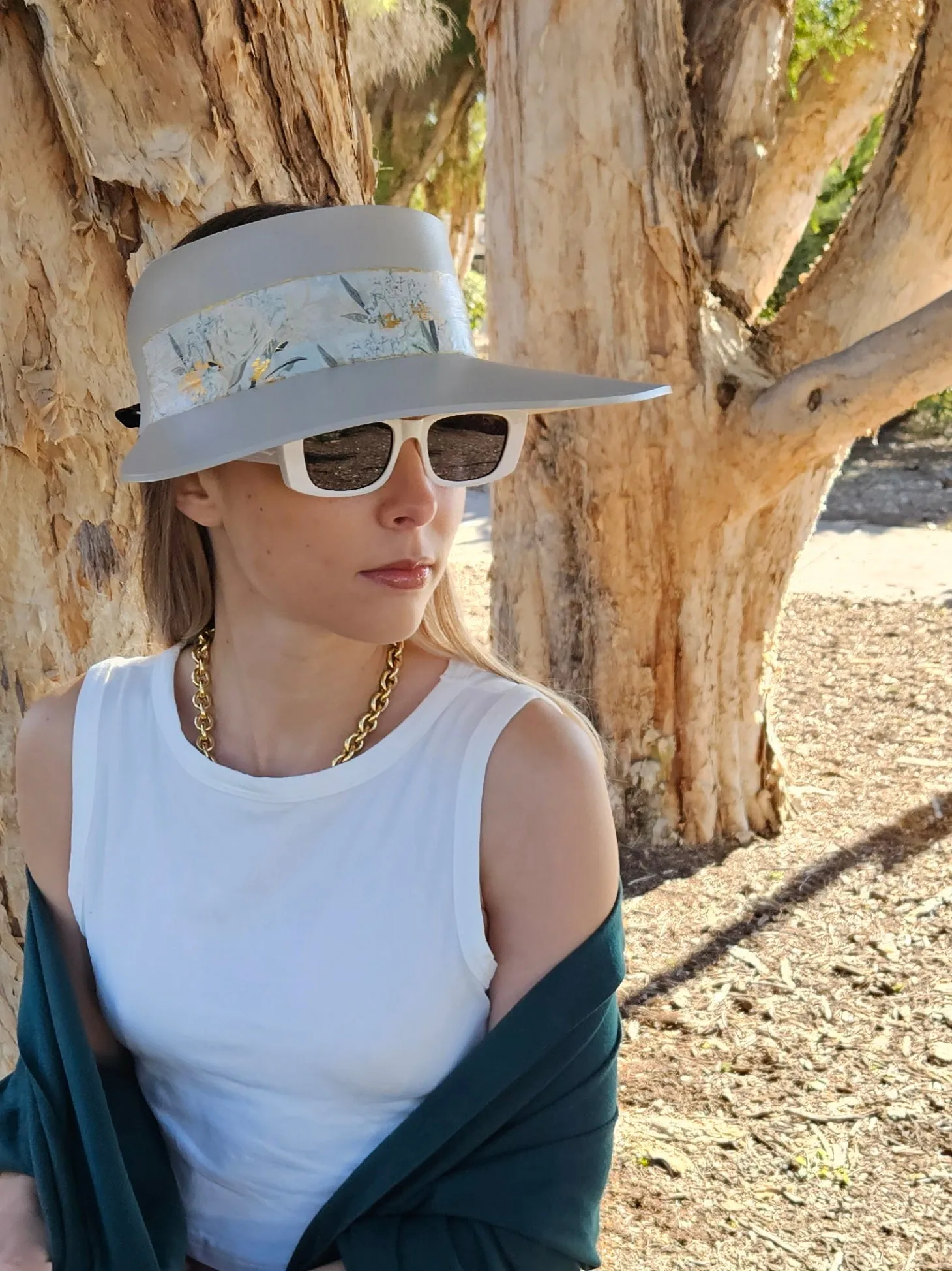 Tall Taupe "LadyEVA" Visor Hat with Golden White Floral Band