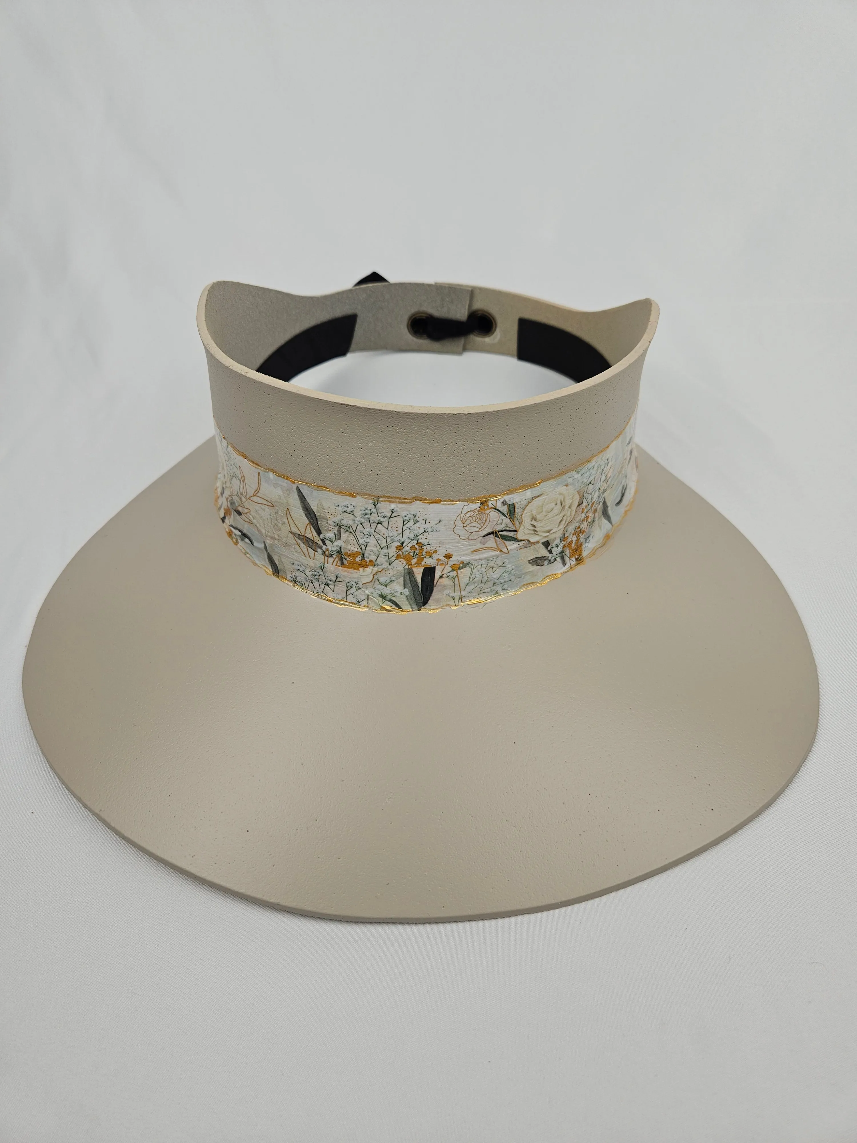 Tall Taupe "LadyEVA" Visor Hat with Golden White Floral Band