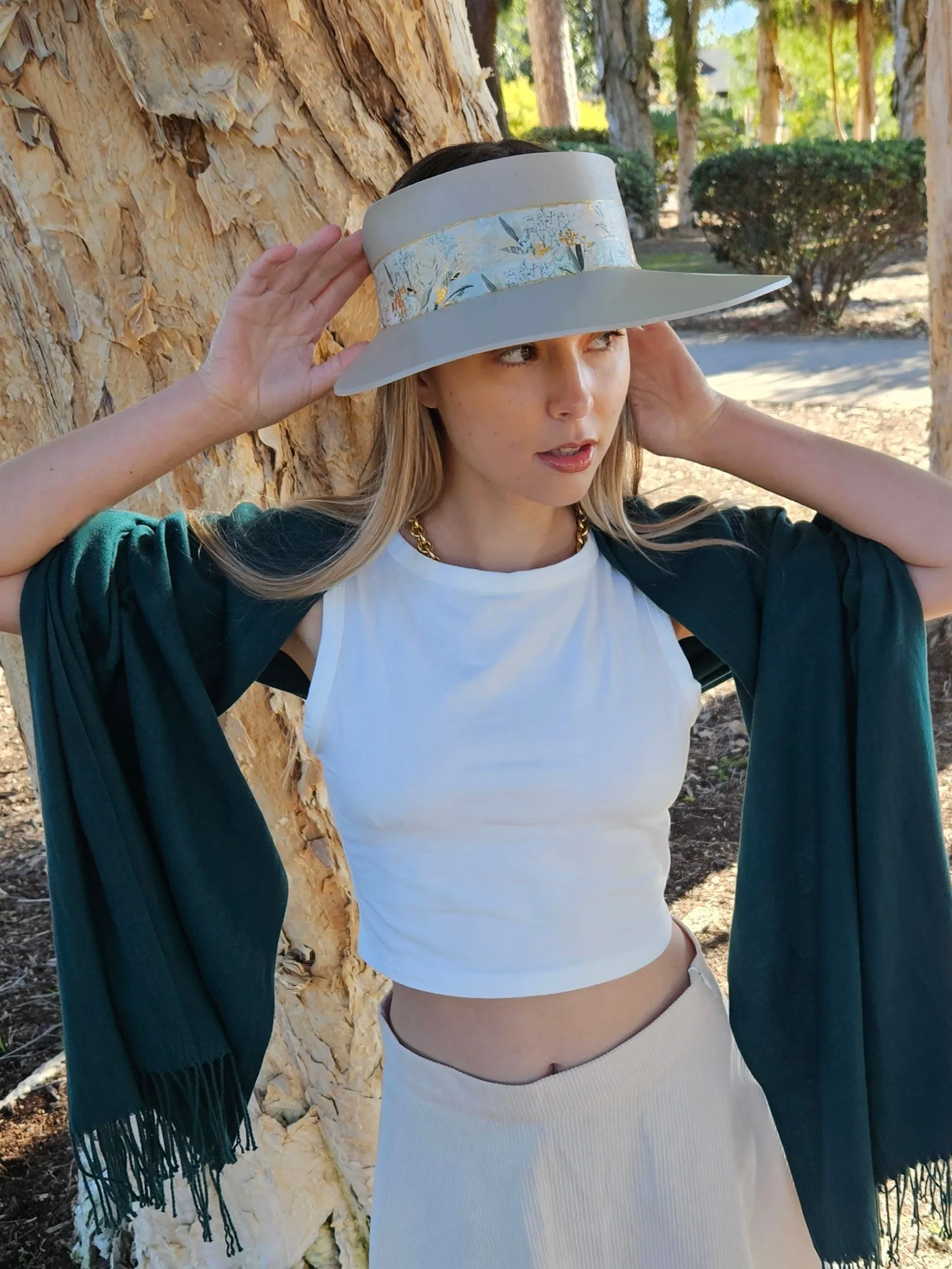 Tall Taupe "LadyEVA" Visor Hat with Golden White Floral Band