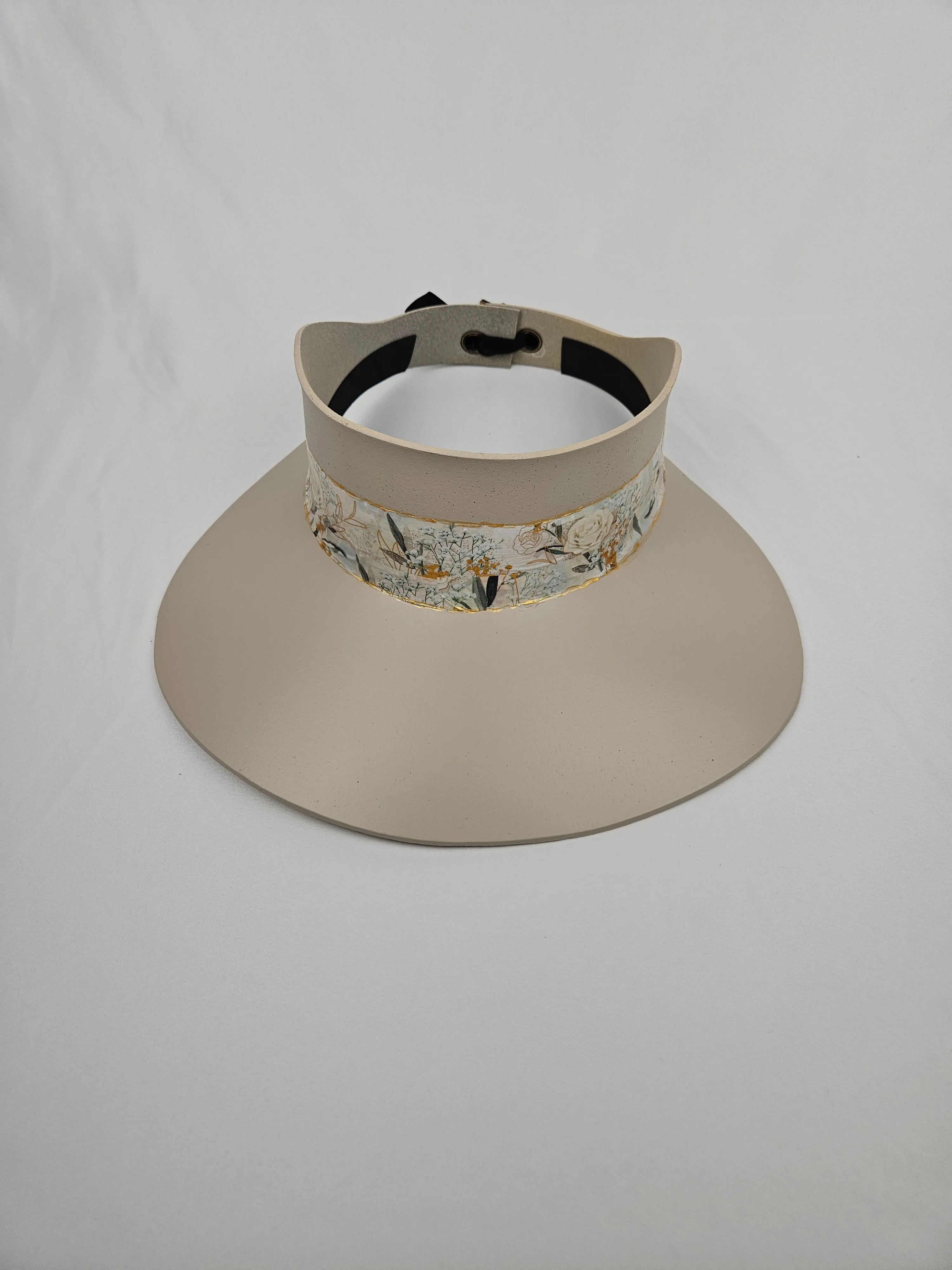 Tall Taupe "LadyEVA" Visor Hat with Golden White Floral Band