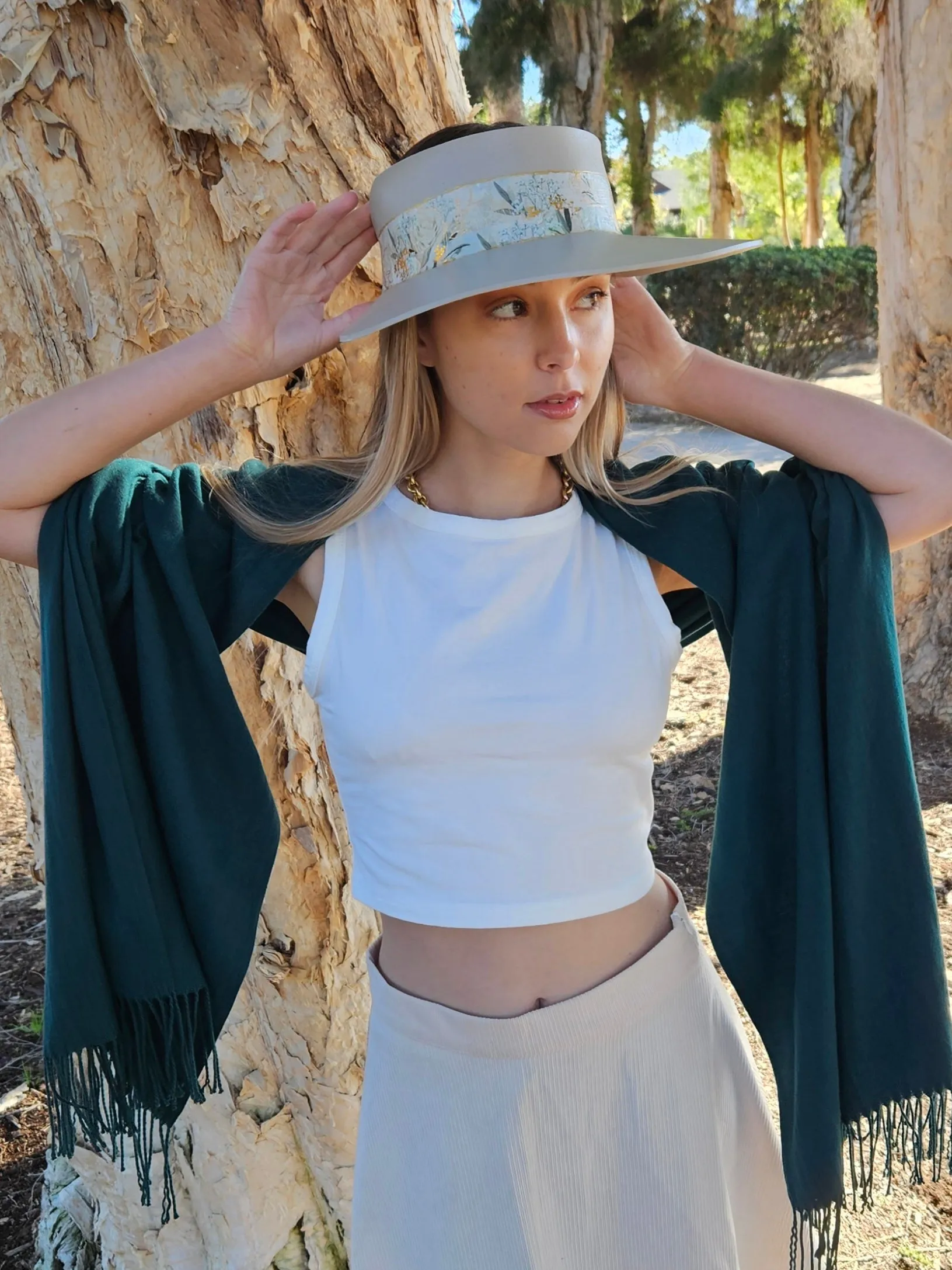 Tall Taupe "LadyEVA" Visor Hat with Golden White Floral Band