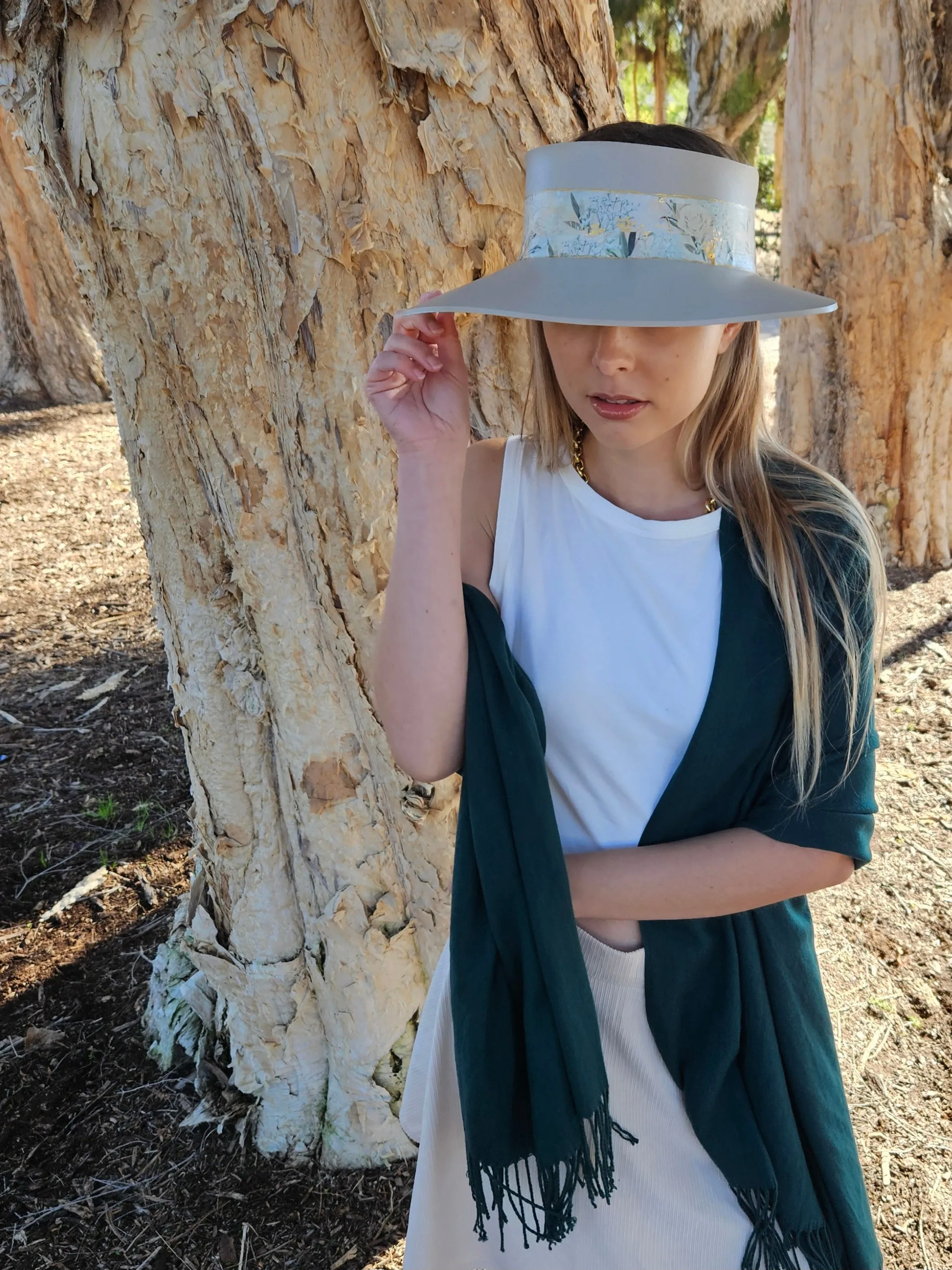 Tall Taupe "LadyEVA" Visor Hat with Golden White Floral Band