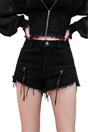 Trendy Black Denim Heart Buckle and Zip Shorts