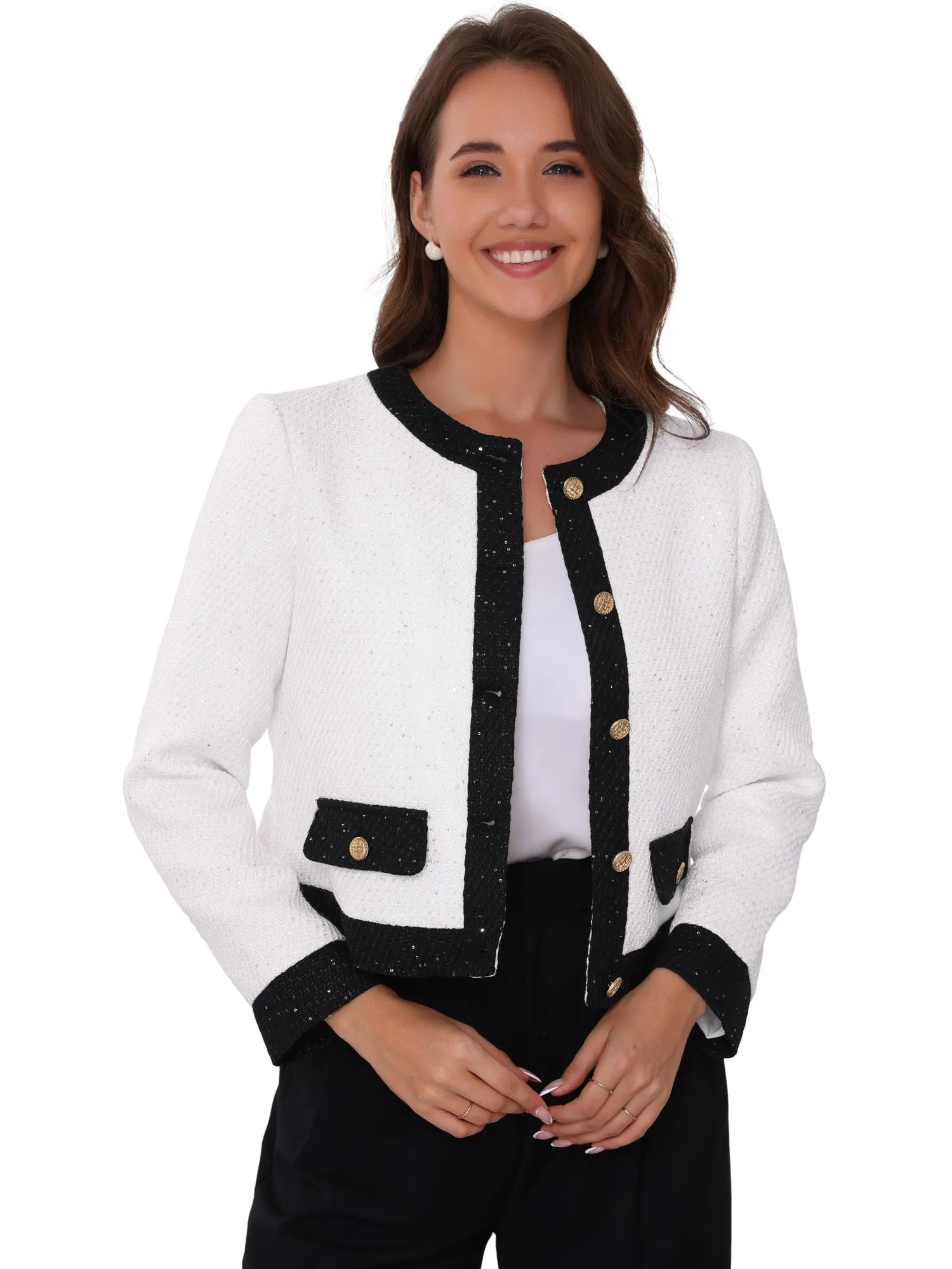 Tweed Collarless Sequins Work Office Cropped Jackets