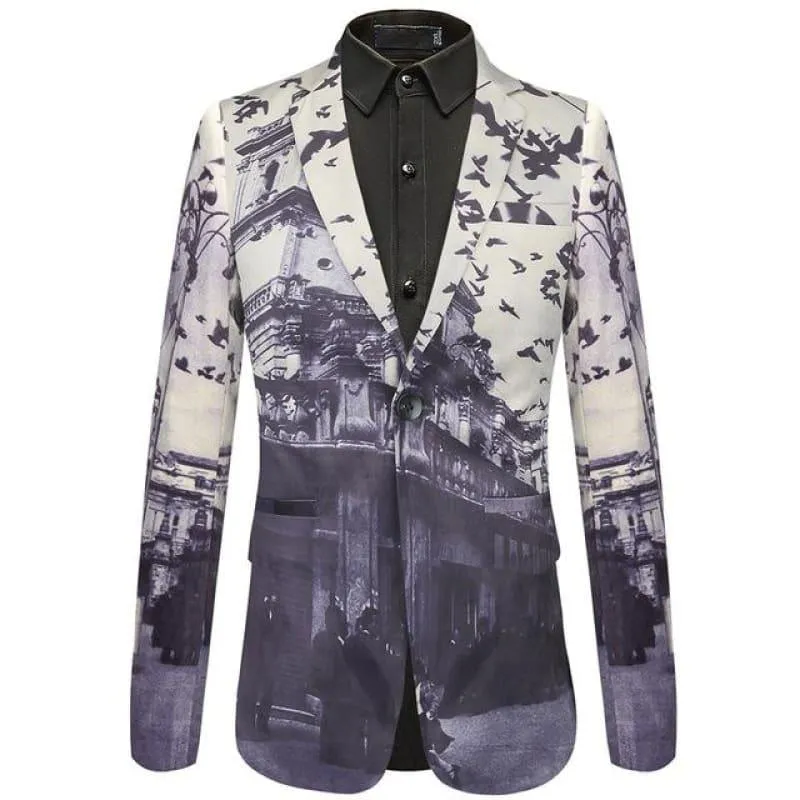 Unique Bird Castle Pattern Italian Style Wedding Prom Men's Blazers Jacket