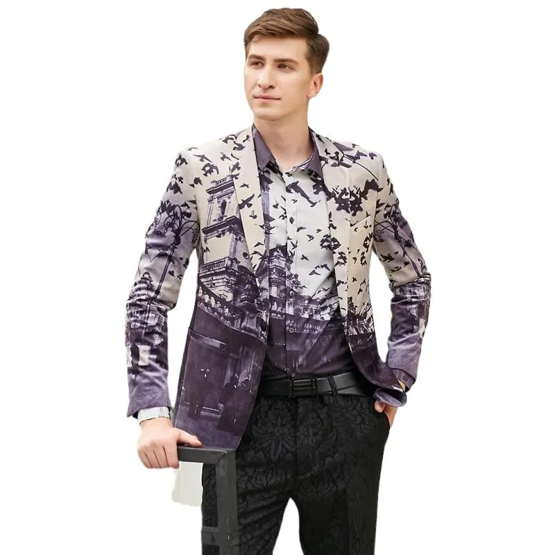 Unique Bird Castle Pattern Italian Style Wedding Prom Men's Blazers Jacket