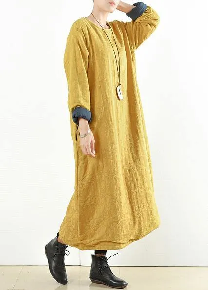 Unique yellow cotton clothes Women thick warm  Maxi o neck Dresses