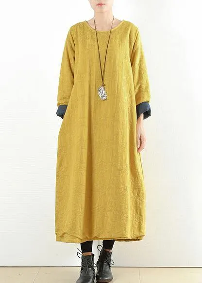 Unique yellow cotton clothes Women thick warm  Maxi o neck Dresses