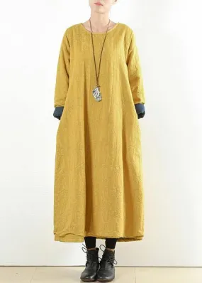 Unique yellow cotton clothes Women thick warm  Maxi o neck Dresses