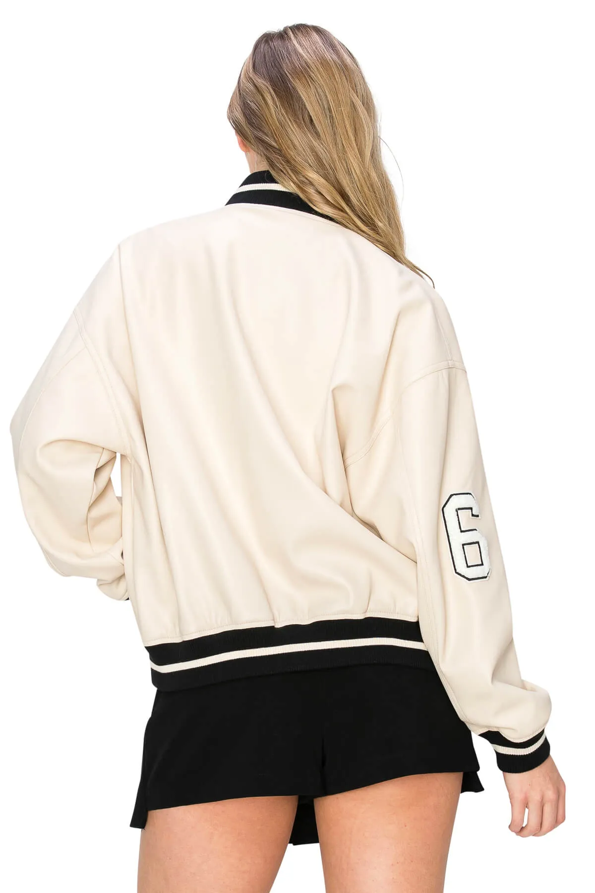 Varsity Faux Leather Bomber Jacket - Cream