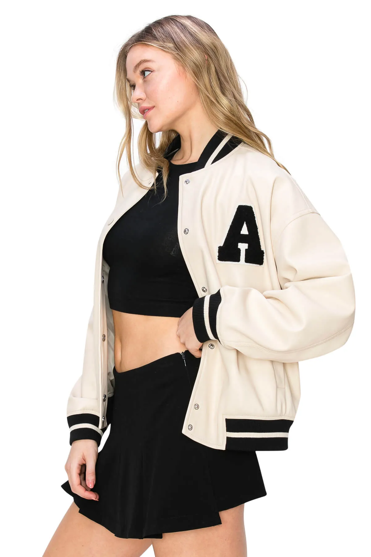 Varsity Faux Leather Bomber Jacket - Cream