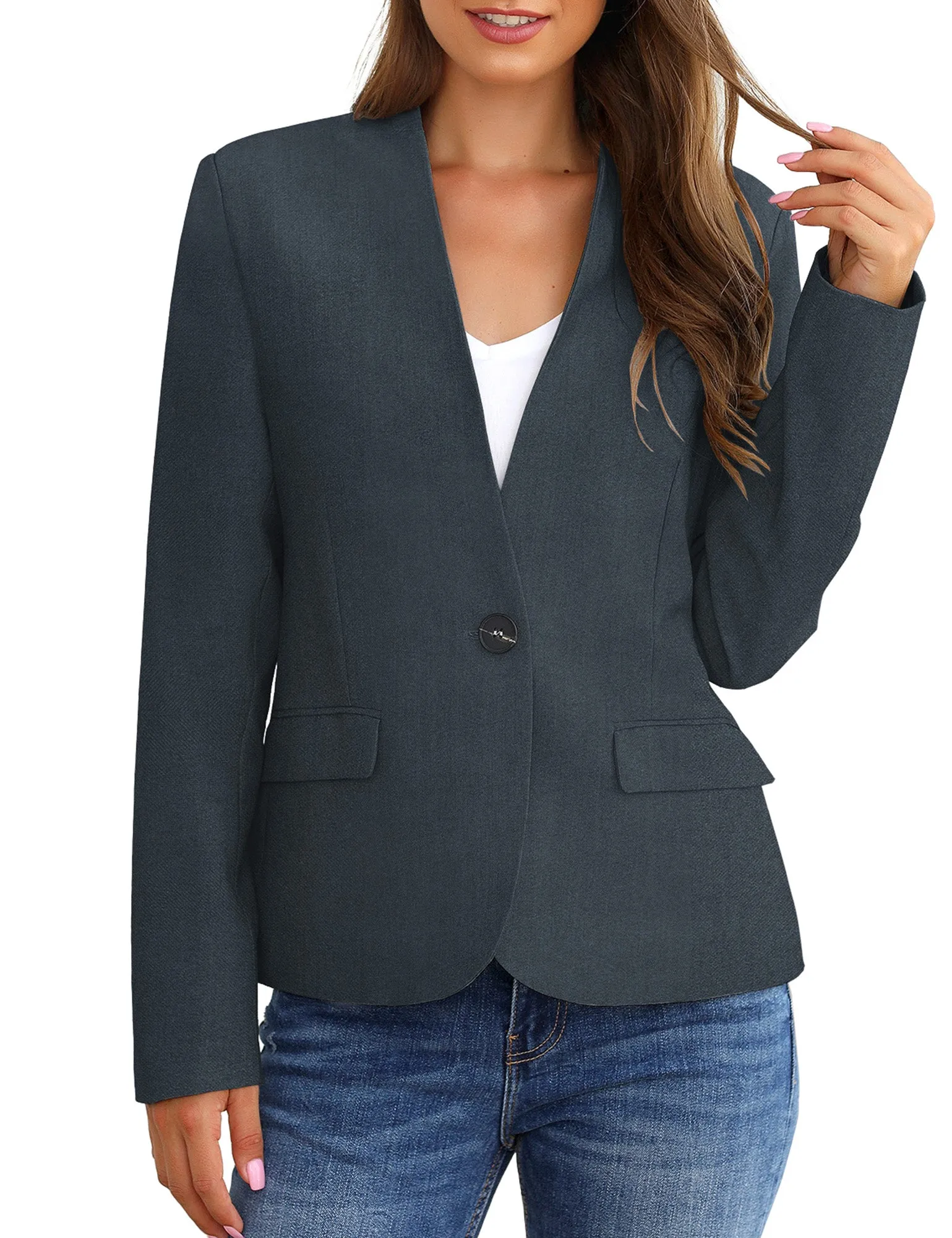 Vetinee Women's Black Blazers Button Down Open Front Business Casual Pockets Jacket Suits