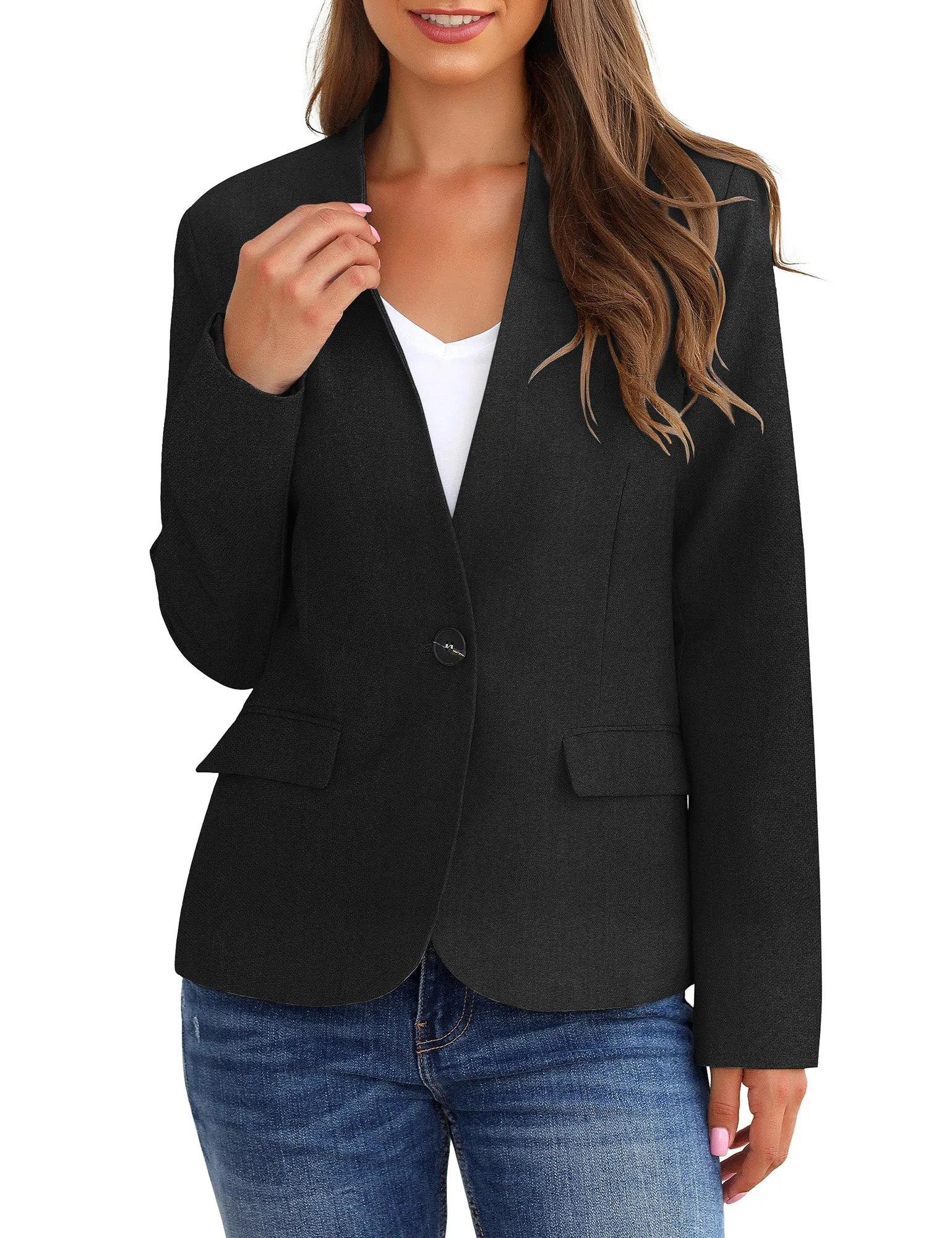 Vetinee Women's Black Blazers Button Down Open Front Business Casual Pockets Jacket Suits