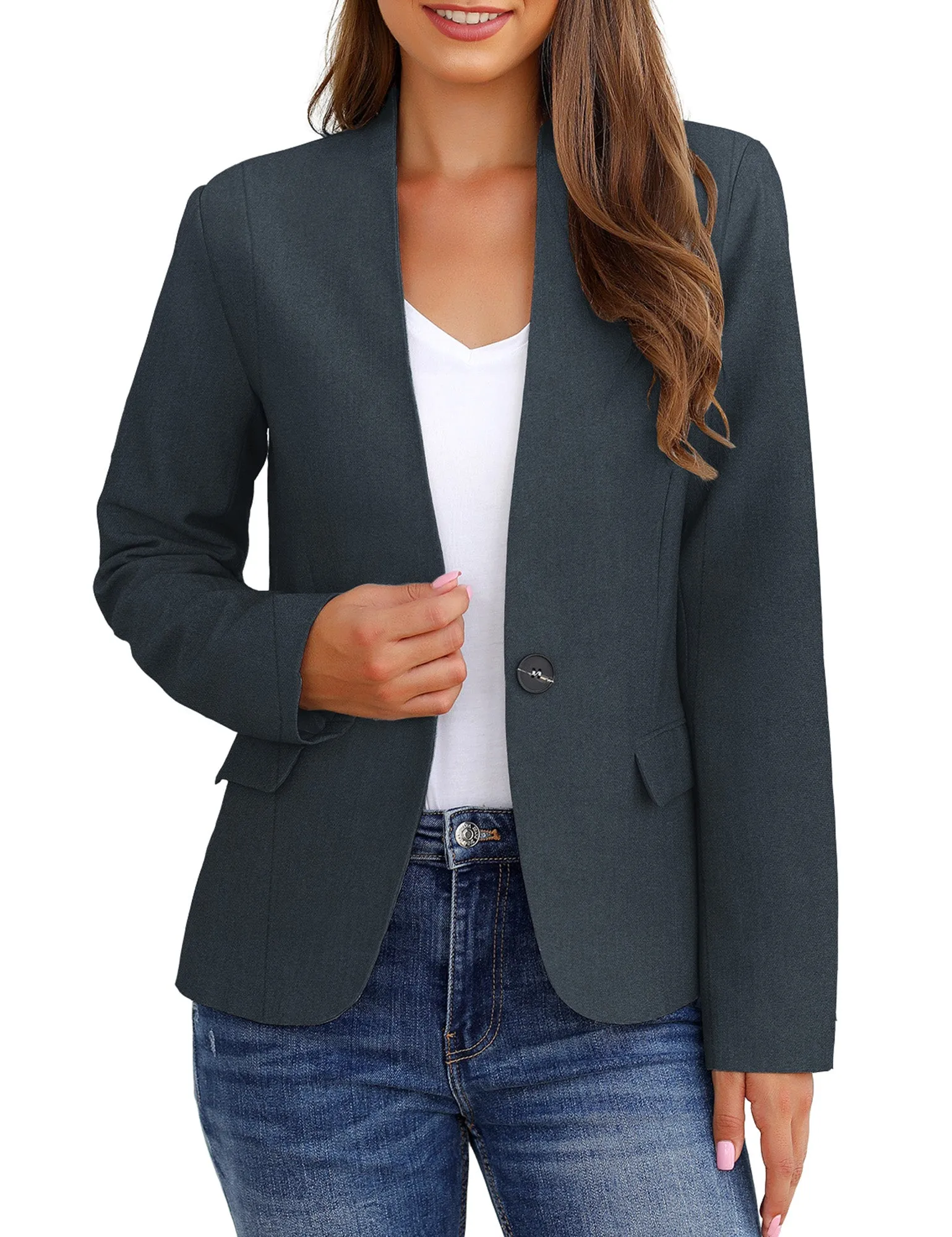 Vetinee Women's Black Blazers Button Down Open Front Business Casual Pockets Jacket Suits