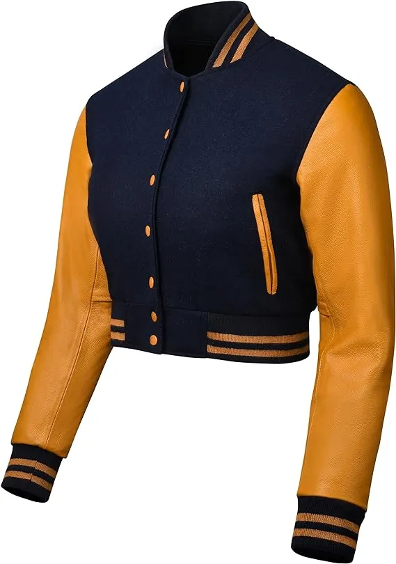 Warrior Gears Cropped Varsity Jacket Women - Premium Quality Leather and Wool Baseball Letterman Jacket for Women's, Long Sleeve - Navy Blue Wool Body and Gold Leather Sleeves