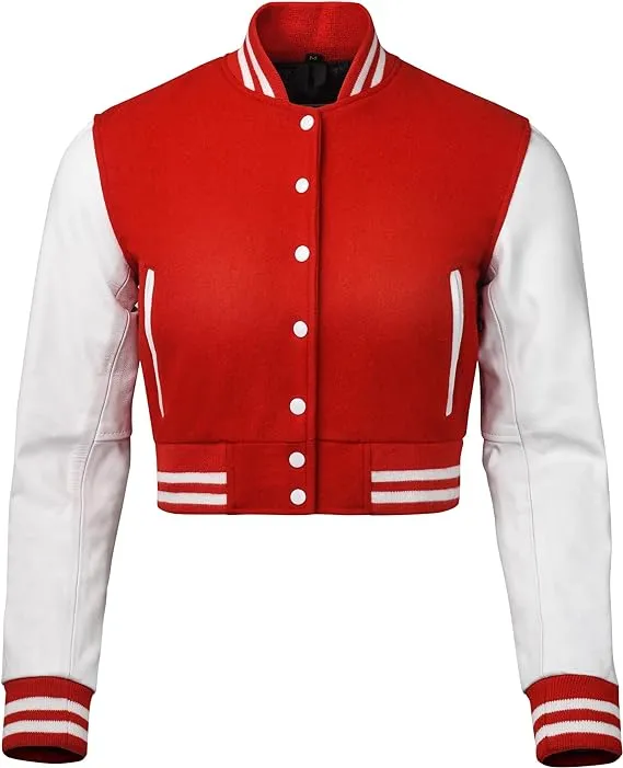 Warrior Gears Cropped Varsity Jacket Women - Premium Quality Leather and Wool Baseball Letterman Jacket for Women's, Long Sleeve - Red Wool Body and White Leather Sleeves