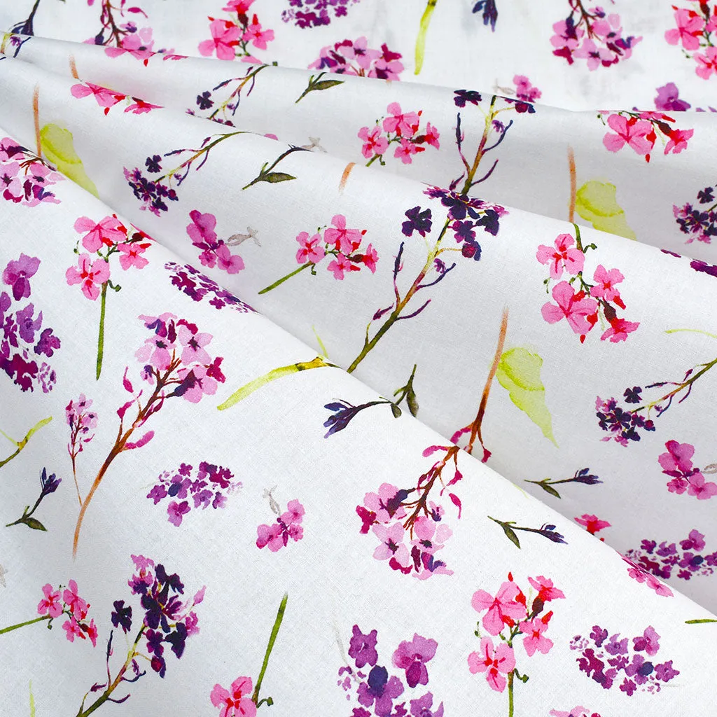 Watercolor Spring Flowers Digital Cotton Lawn White/Pink