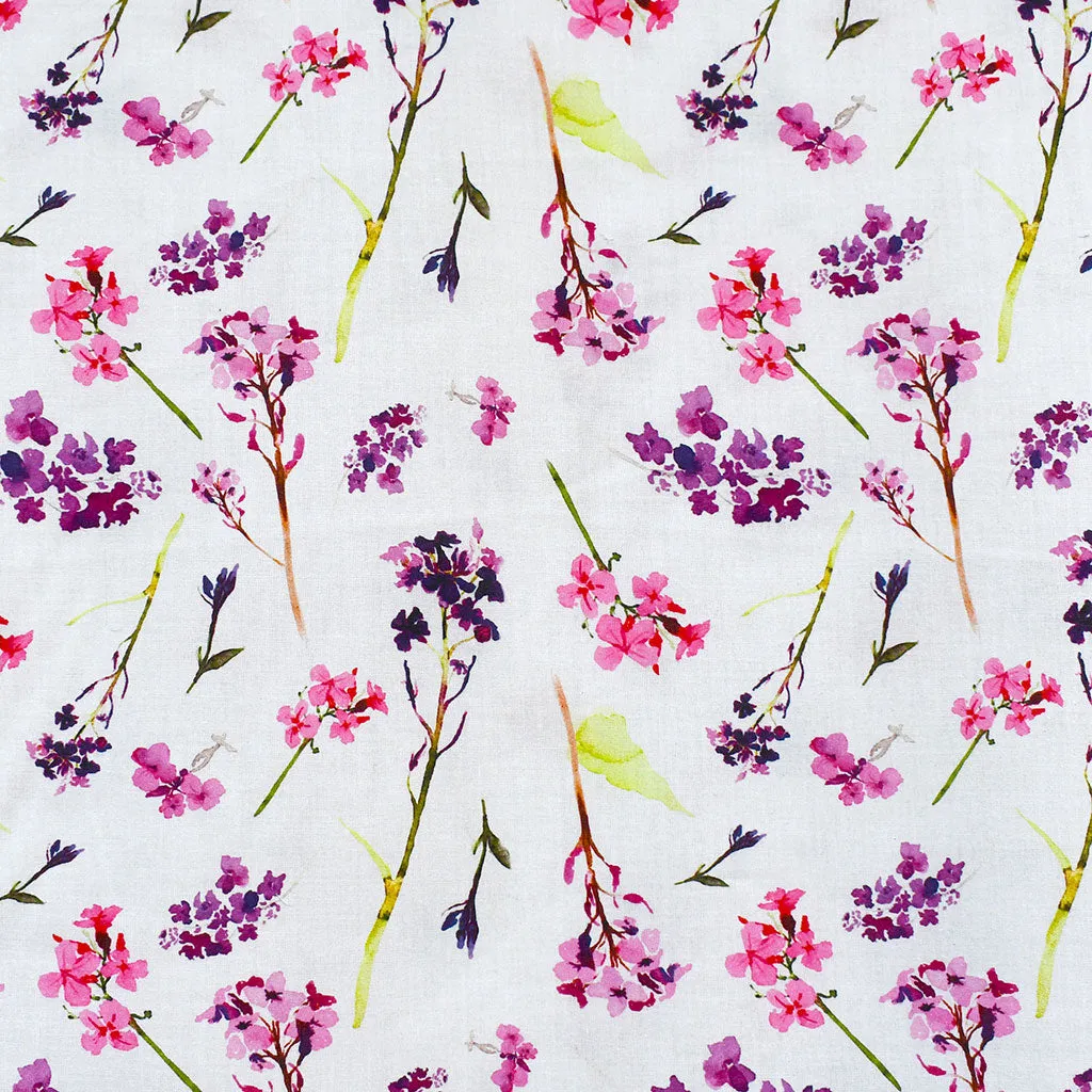 Watercolor Spring Flowers Digital Cotton Lawn White/Pink