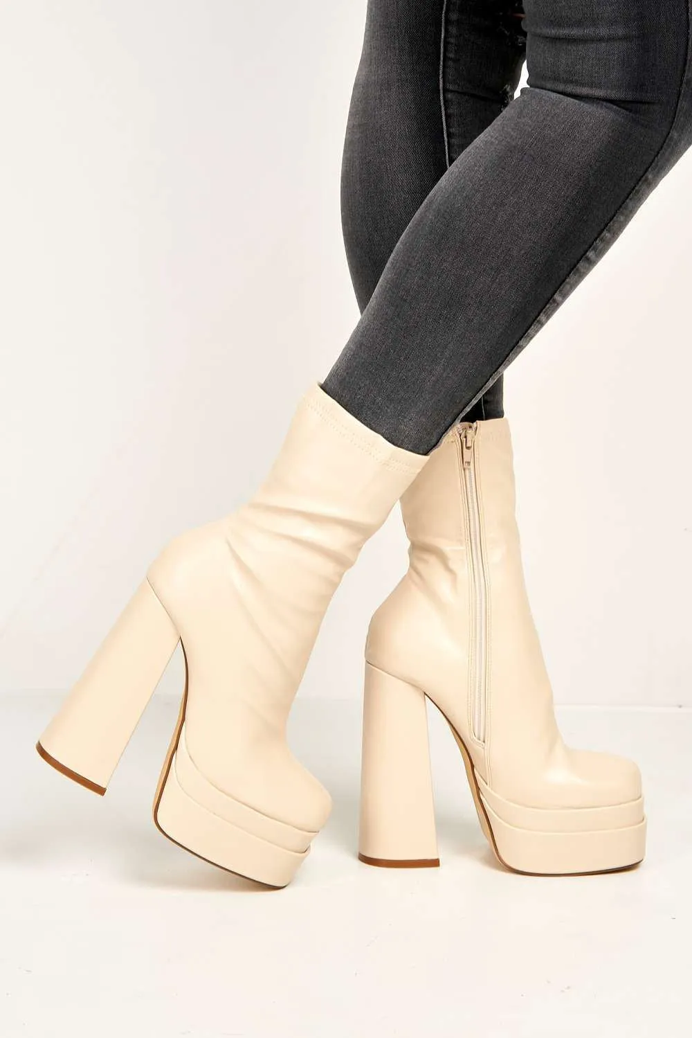 Yoola Chunky Block Heel Platform Heeled Ankle Boots in Beige