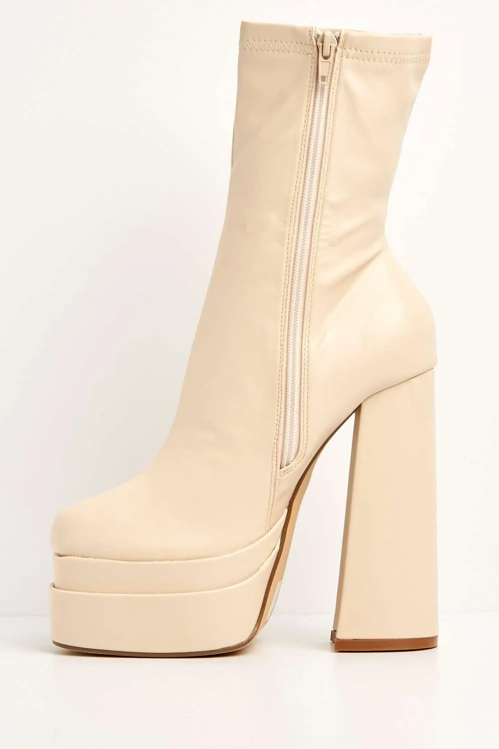 Yoola Chunky Block Heel Platform Heeled Ankle Boots in Beige