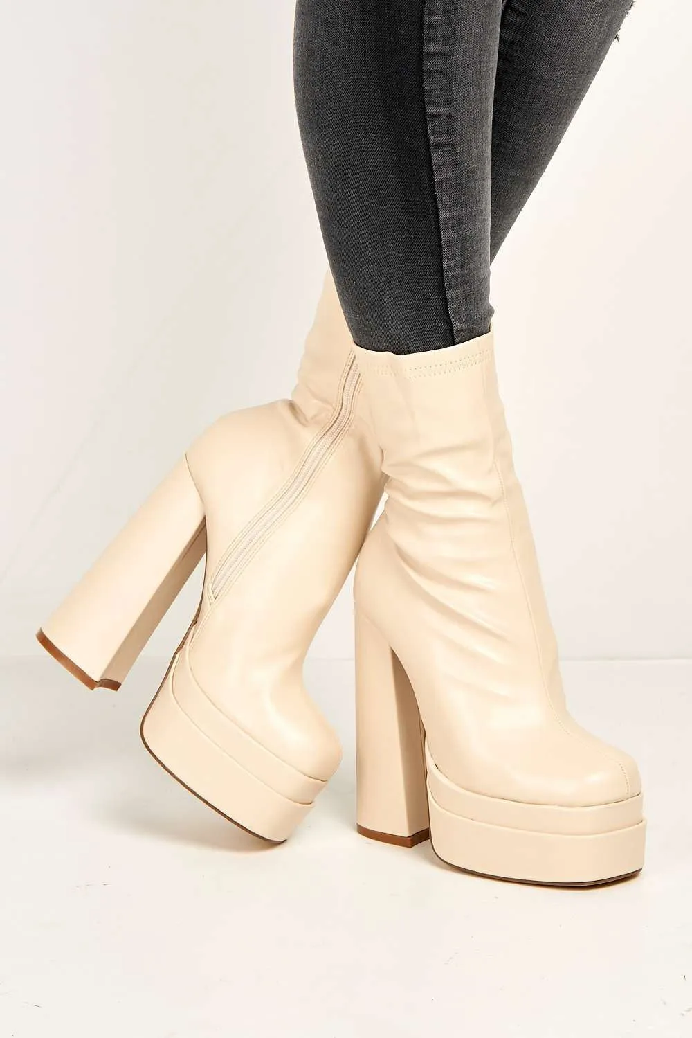 Yoola Chunky Block Heel Platform Heeled Ankle Boots in Beige