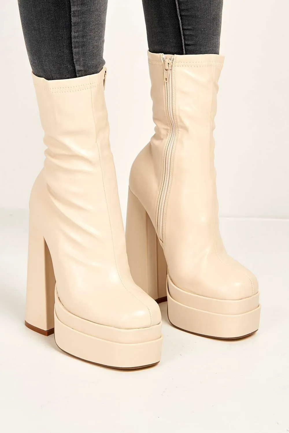 Yoola Chunky Block Heel Platform Heeled Ankle Boots in Beige