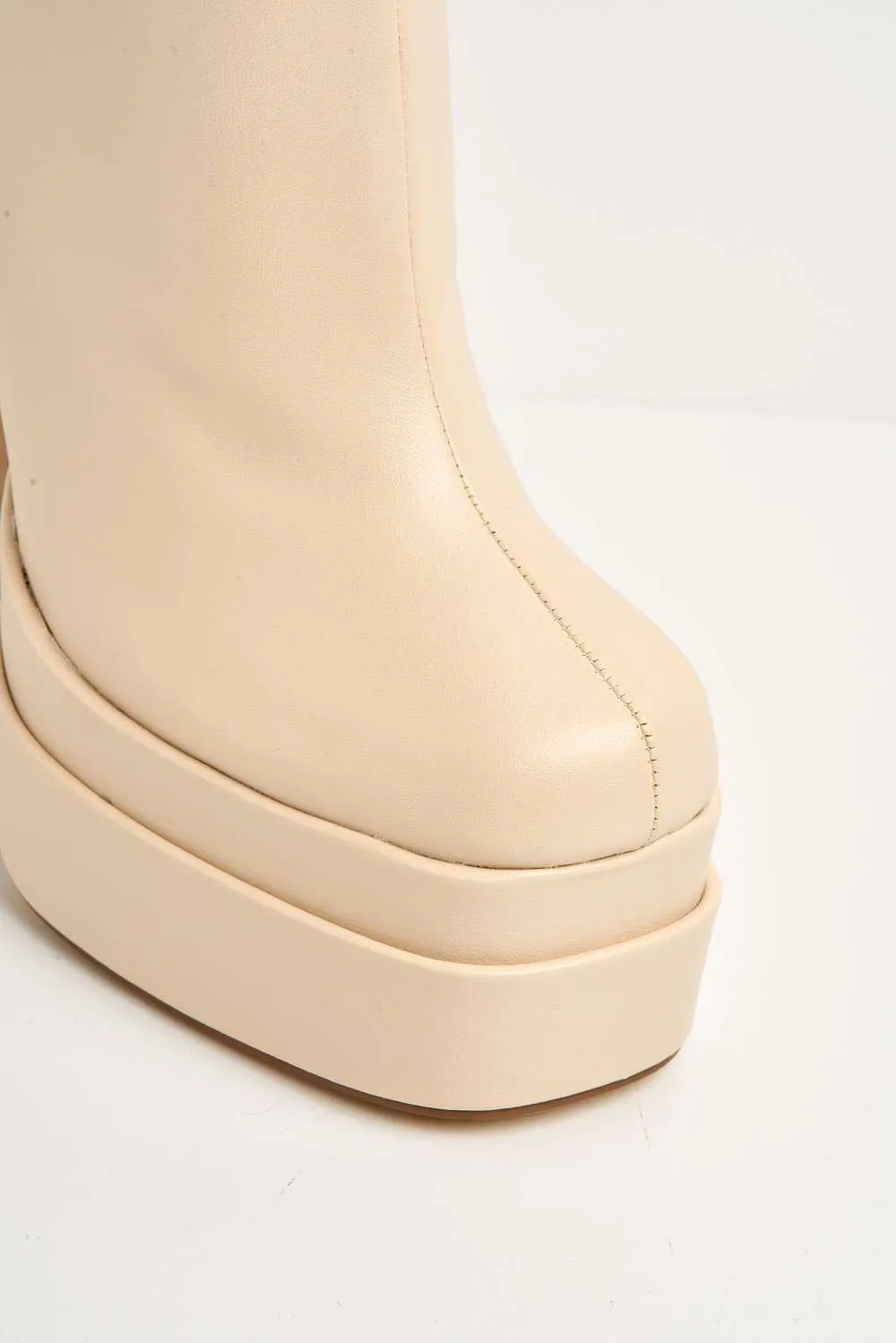 Yoola Chunky Block Heel Platform Heeled Ankle Boots in Beige